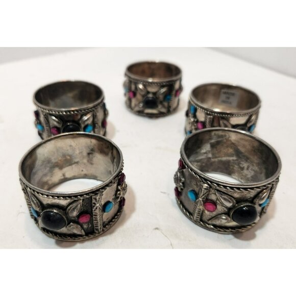 Vtg Silver Tone w/ Colorful Stones Made In India Napkin Rings Set Of 5 - Picture 1 of 11